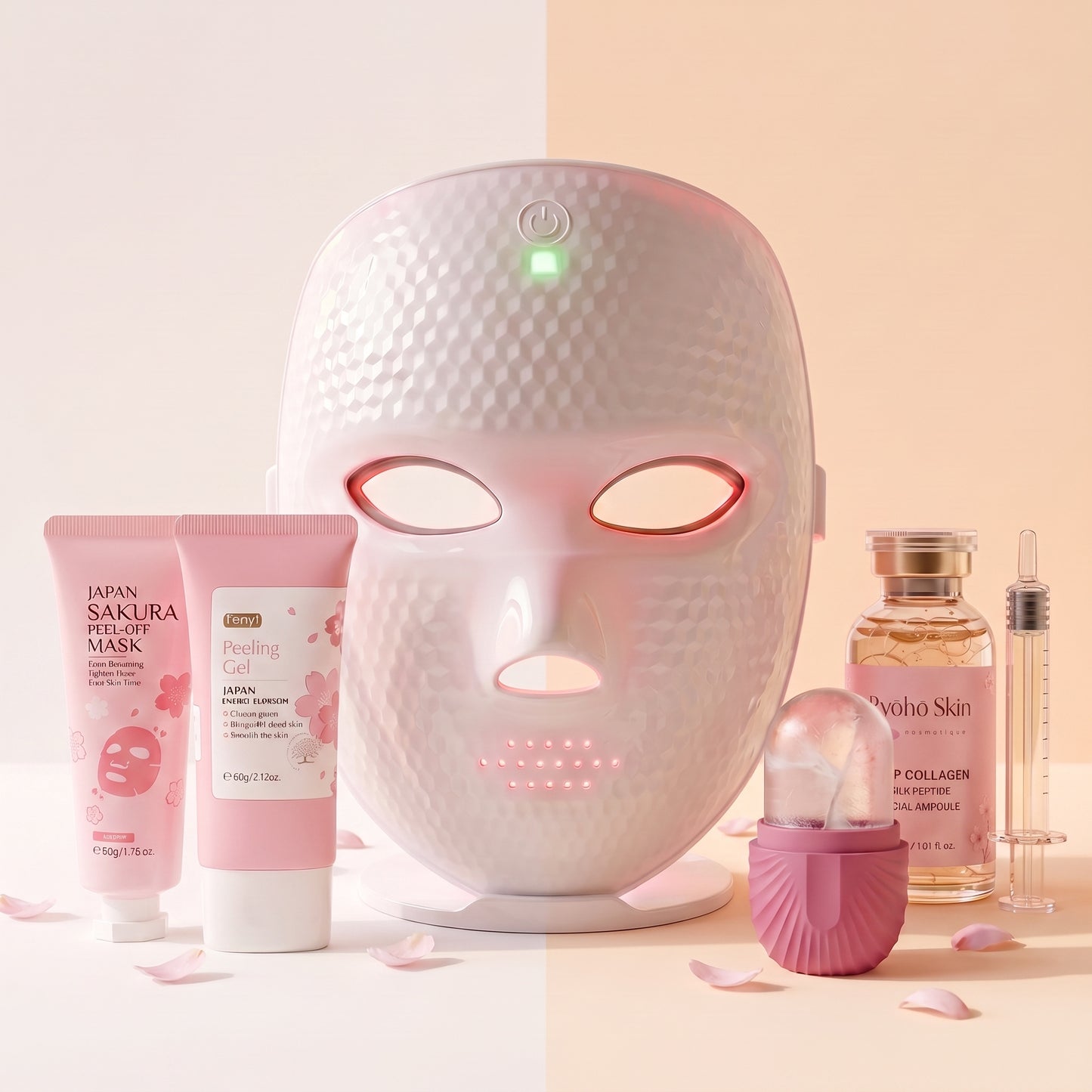Rituel Intégral Ryōhō Skin — coffret 5 produits : masque LED, masque peel-off sakura, peeling gel, sérum Deep Collagen et roller CryoGlow