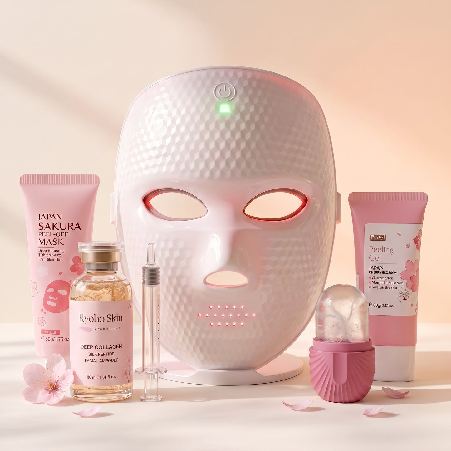 Rituel Intégral Ryōhō Skin — coffret 5 produits, présentation studio sur fond beige