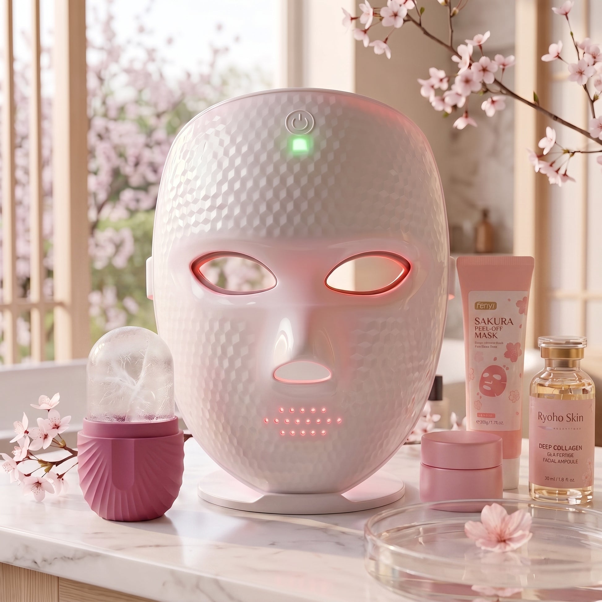 Rituel Intégral Ryōhō Skin — coffret 5 produits en ambiance sakura, lumière naturelle