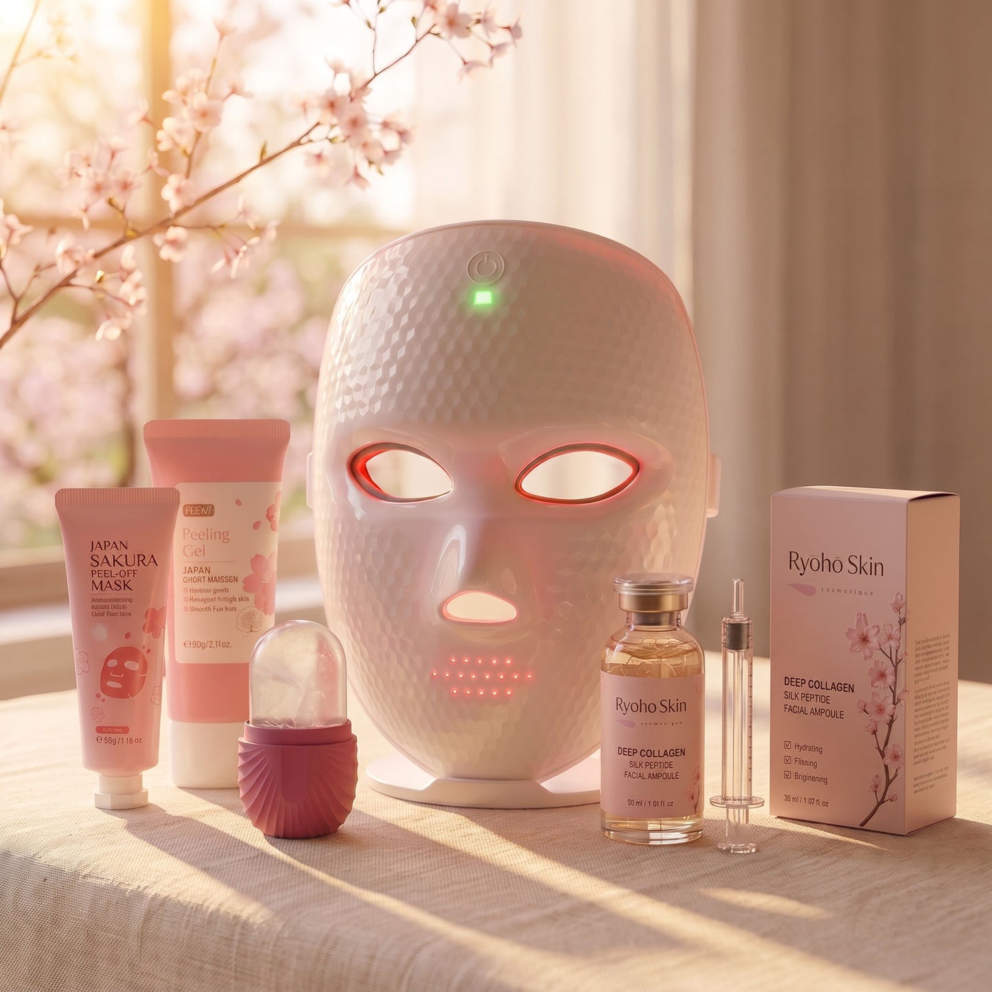 Rituel Intégral Ryōhō Skin — coffret 5 produits avec son étui Deep Collagen, ambiance sakura
