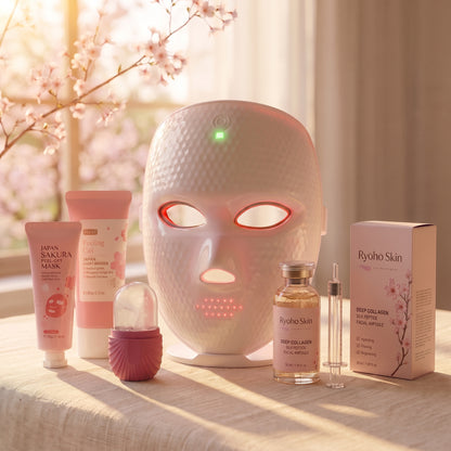 Rituel Intégral Ryōhō Skin — coffret 5 produits avec son étui Deep Collagen, ambiance sakura